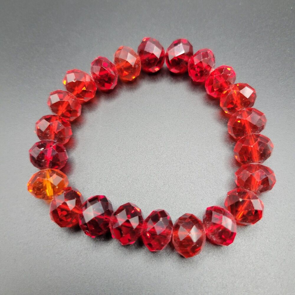 7" Beaded Stretch Women Red Crystal Glass Faceted Rondelle Shiny Bracelet